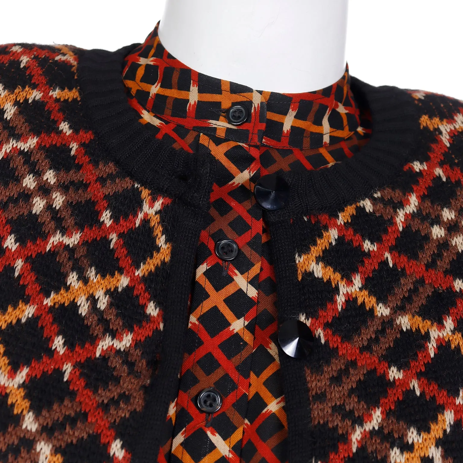 1983 Yves Saint Laurent Plaid Tiered Skirt Blouse & Cardigan Sweater Outfit