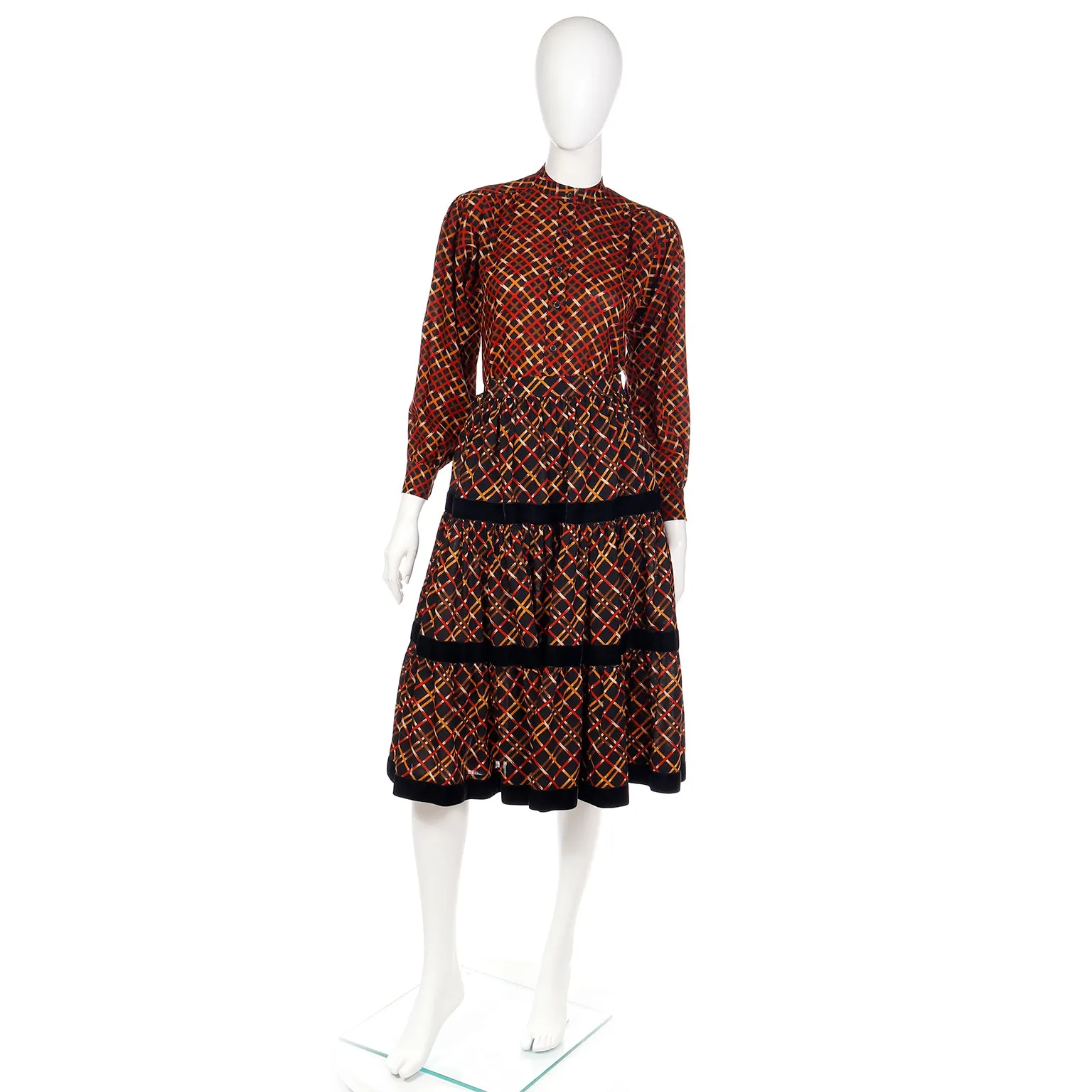 1983 Yves Saint Laurent Plaid Tiered Skirt Blouse & Cardigan Sweater Outfit