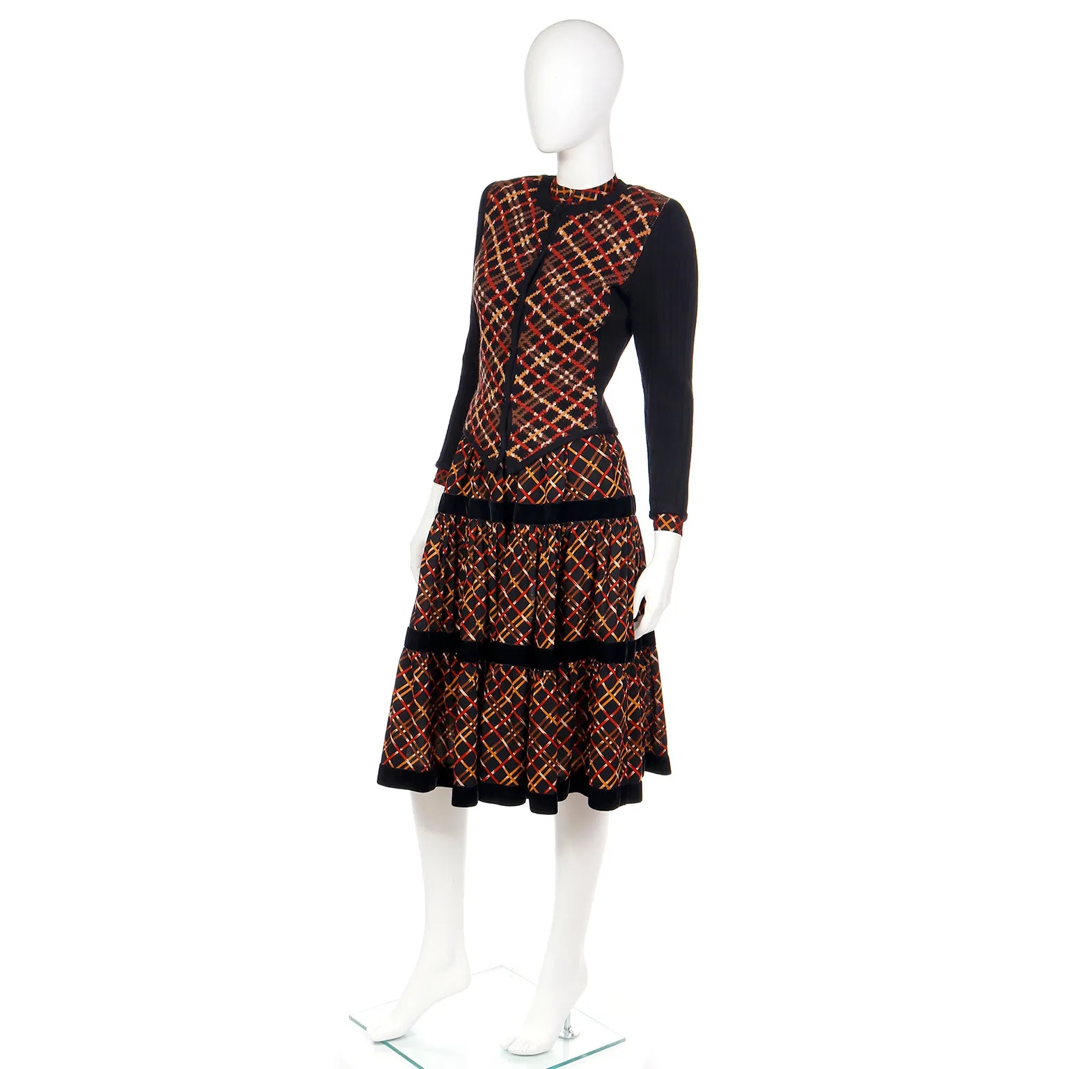 1983 Yves Saint Laurent Plaid Tiered Skirt Blouse & Cardigan Sweater Outfit