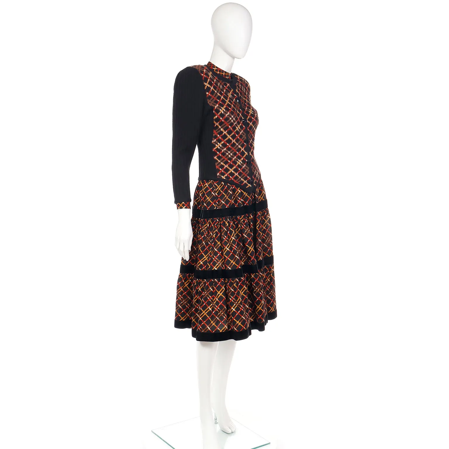 1983 Yves Saint Laurent Plaid Tiered Skirt Blouse & Cardigan Sweater Outfit