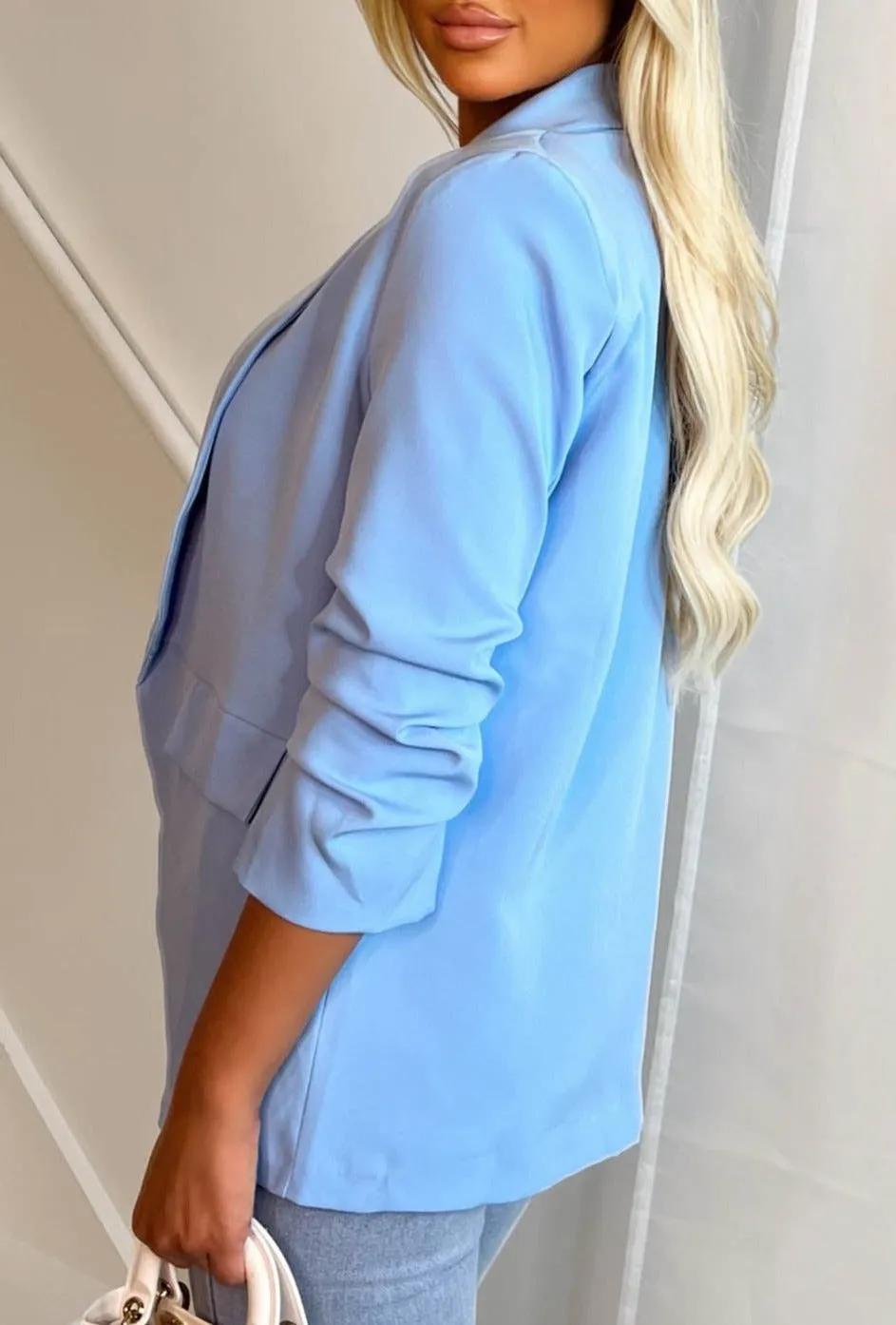 Always Iconic Light Blue Shawl Ruched Sleeve Blazer