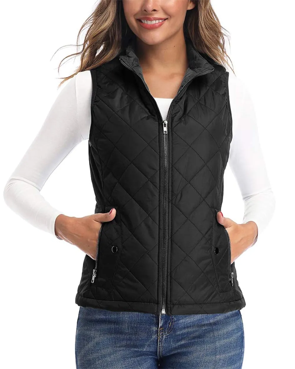 Art3d Women's Vests - Padded Lightweight Vest for Women, Stand Collar Quilted Gilet with Zip Pockets