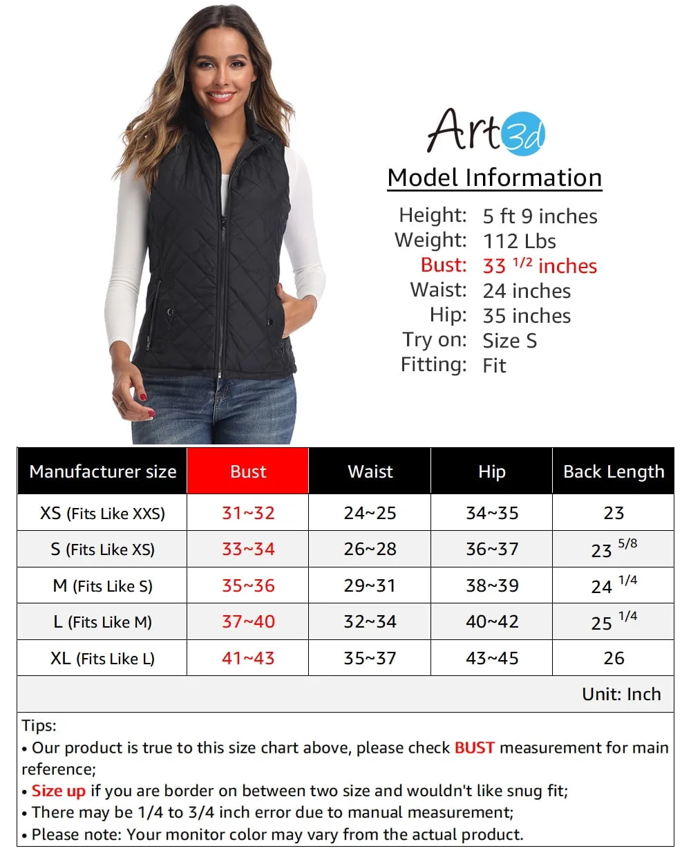 Art3d Women's Vests - Padded Lightweight Vest for Women, Stand Collar Quilted Gilet with Zip Pockets