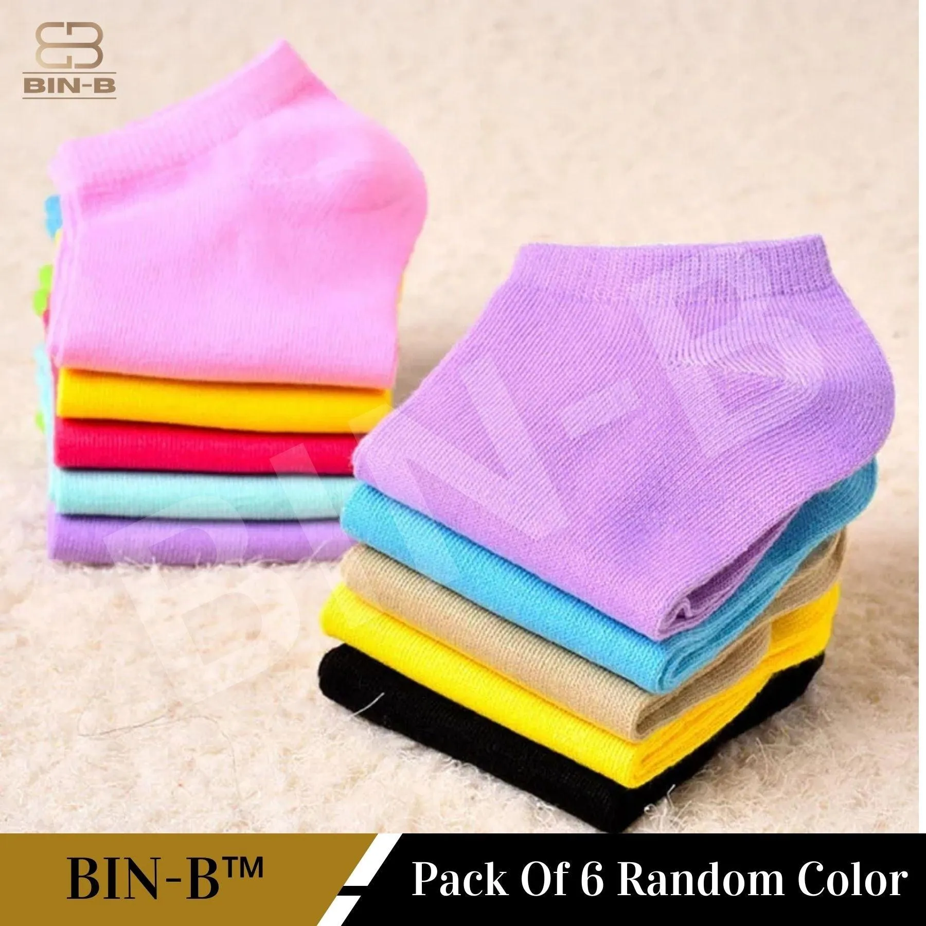 BIN-B 6 Pairs Cotton Ankle Socks For Men Women - 3 Random colors