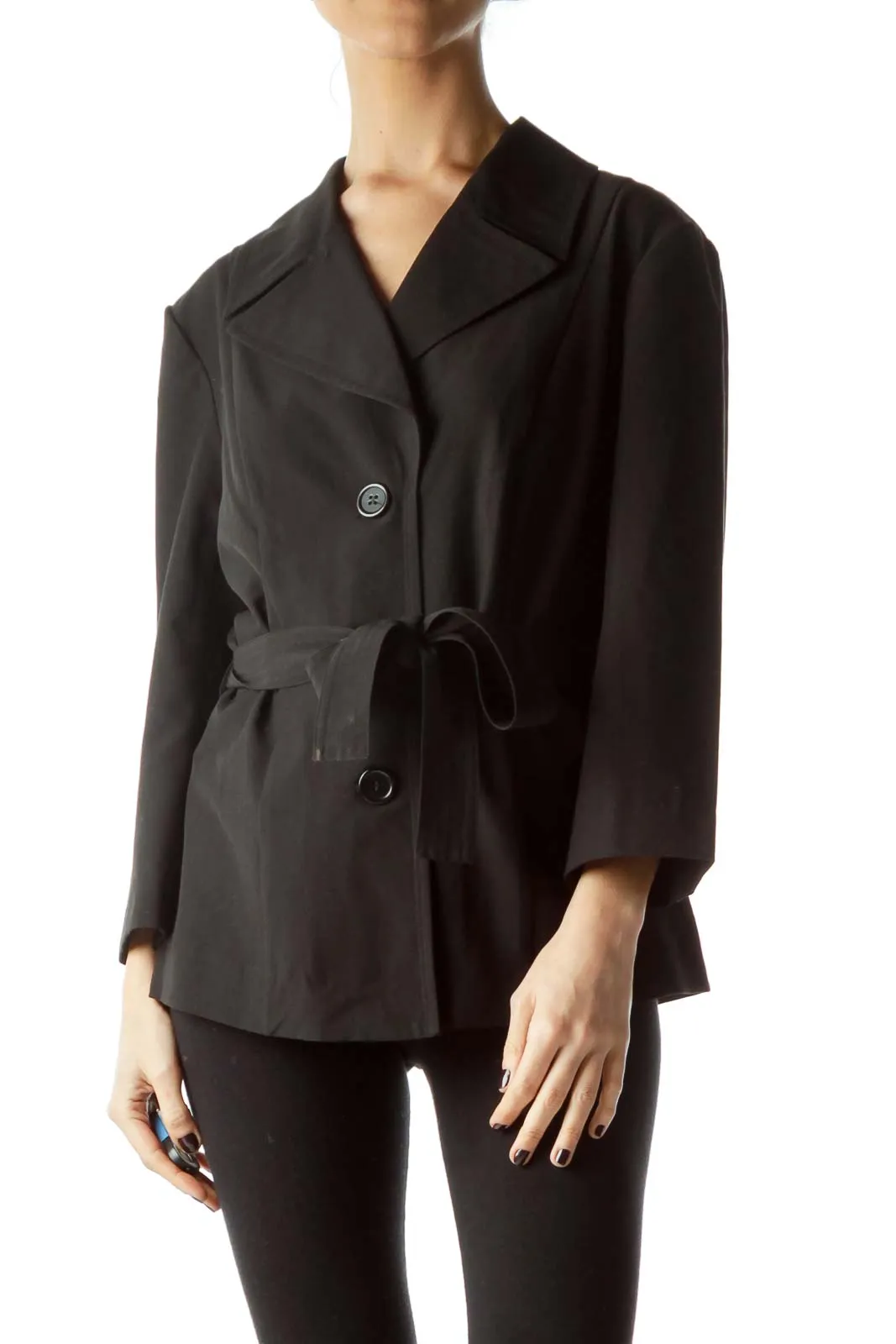 Black Buttoned Belted 3/4 Sleeve Light Blazer