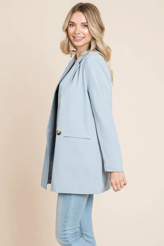 Blue Long Double Breasted Lapel Collar Blazers