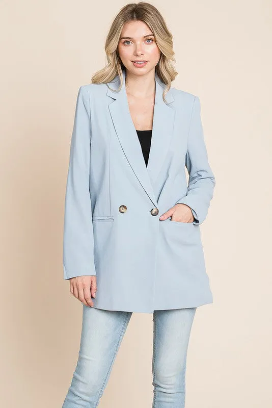 Blue Long Double Breasted Lapel Collar Blazers