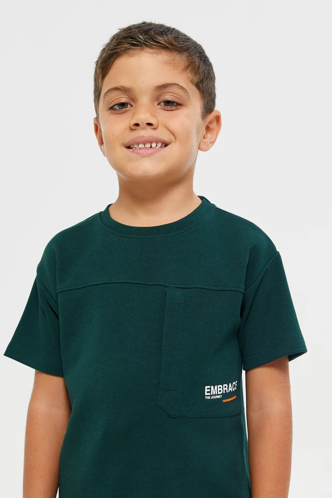 Boys Green Printed Soft Feel Drop Shoulder T-Shirt