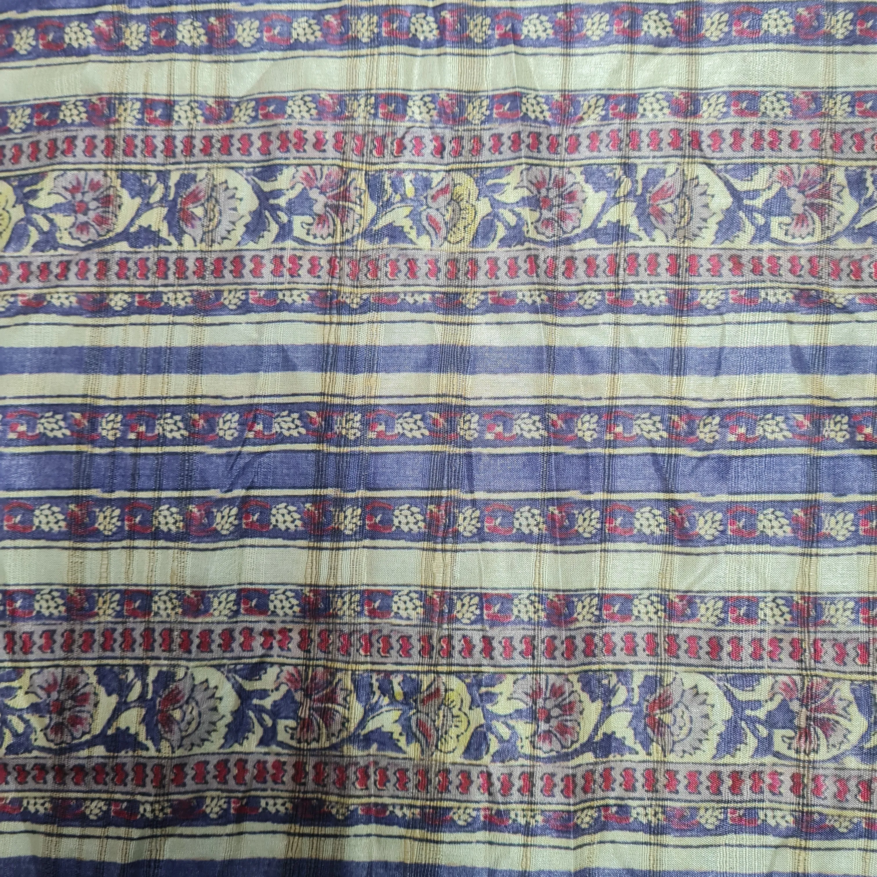 Cream With Blue Traditional Floral Print Dobby Tusser Silk Fabric