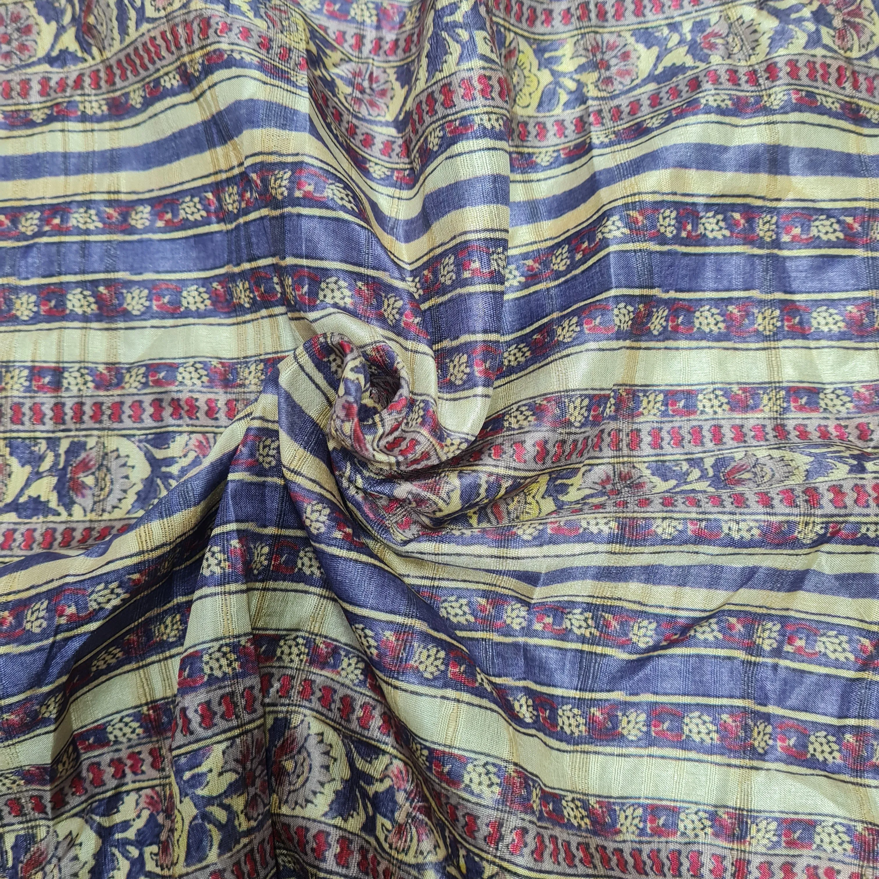 Cream With Blue Traditional Floral Print Dobby Tusser Silk Fabric