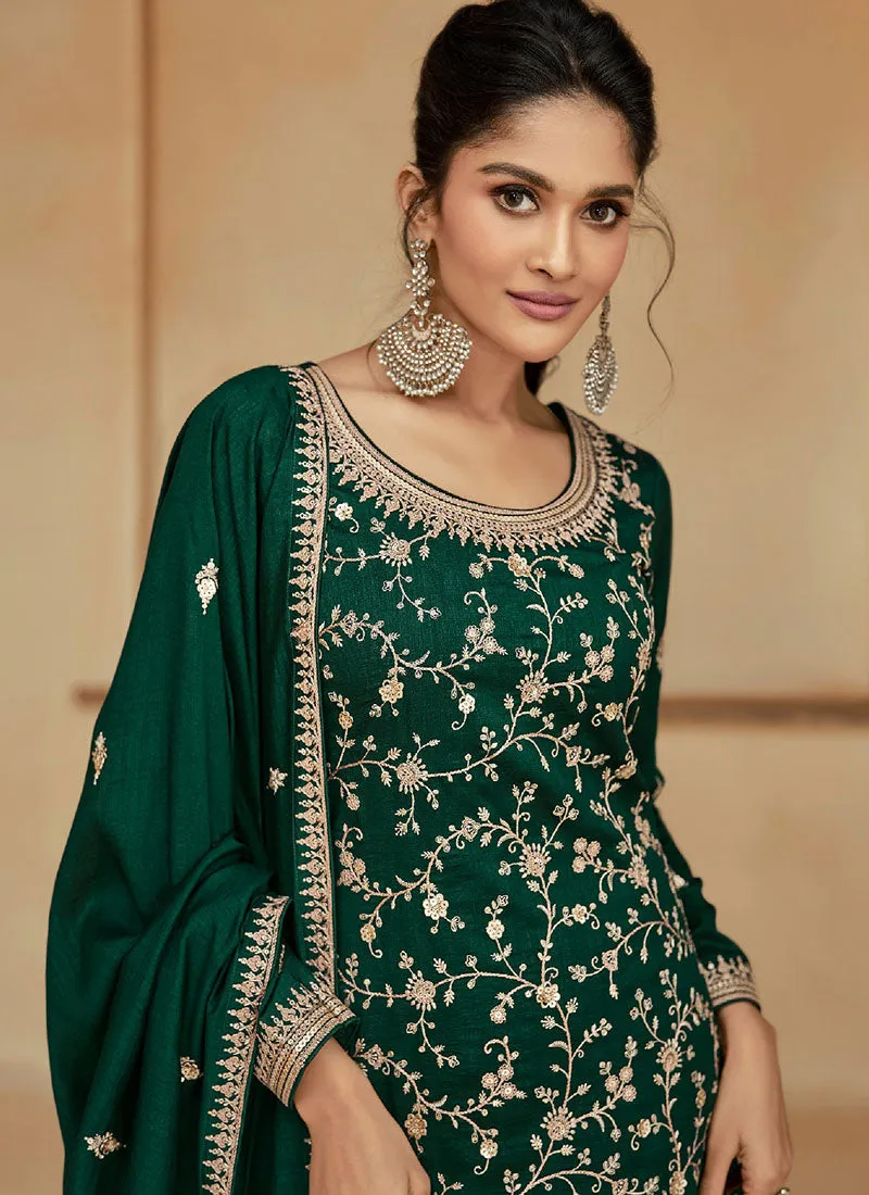 Dark Green Multi Embroidery Wedding Sharara Suit