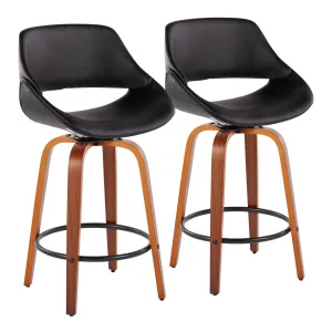 Fabrico Mid-Century Modern Fixed-Height Counter Stool in Walnut Wood with Round Black Footrest and Black Faux Leather by LumiSource - Set of 2