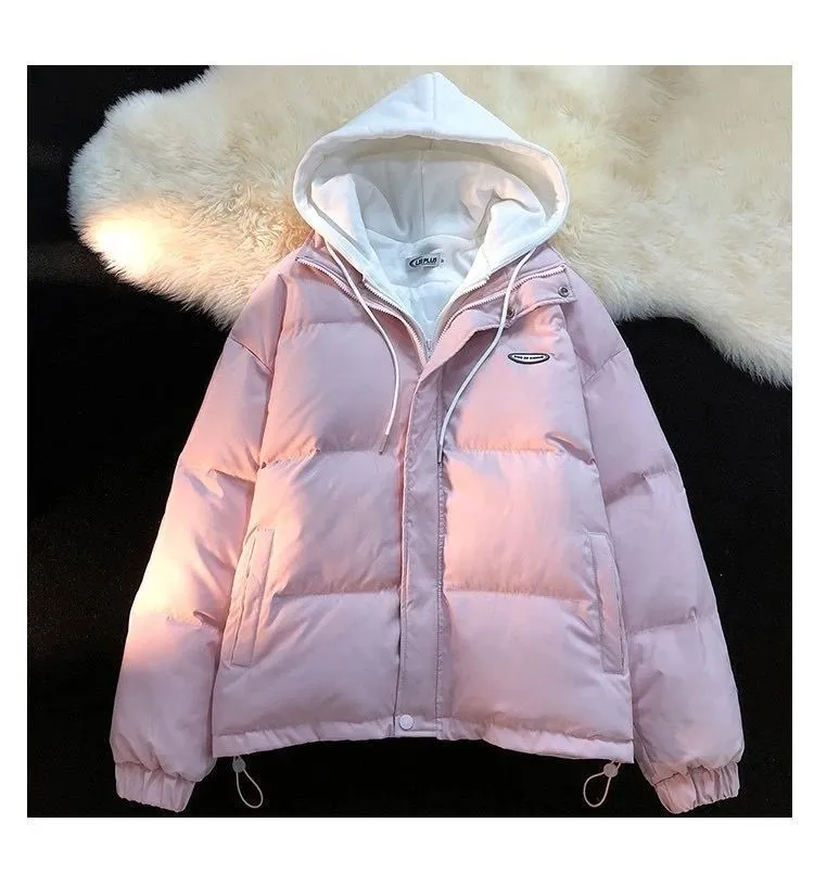 Fake Two-piece Hooded Loose Cotton Coat Women