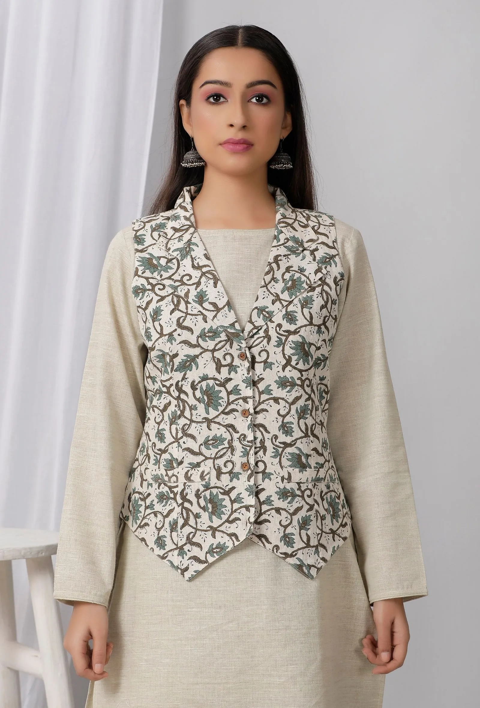 Green Block Printed Cotton Collar Khadi Blazer