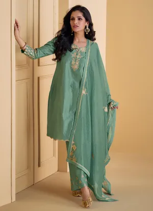 Green Embroidered Party Wear Pant Style Suit