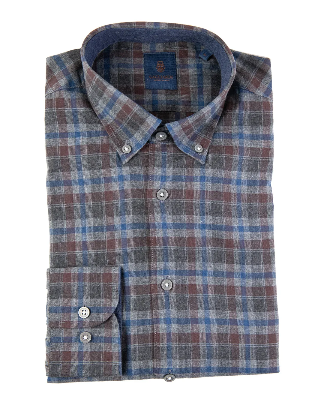 Grey Check Cotton Flannel Button Down Shirt