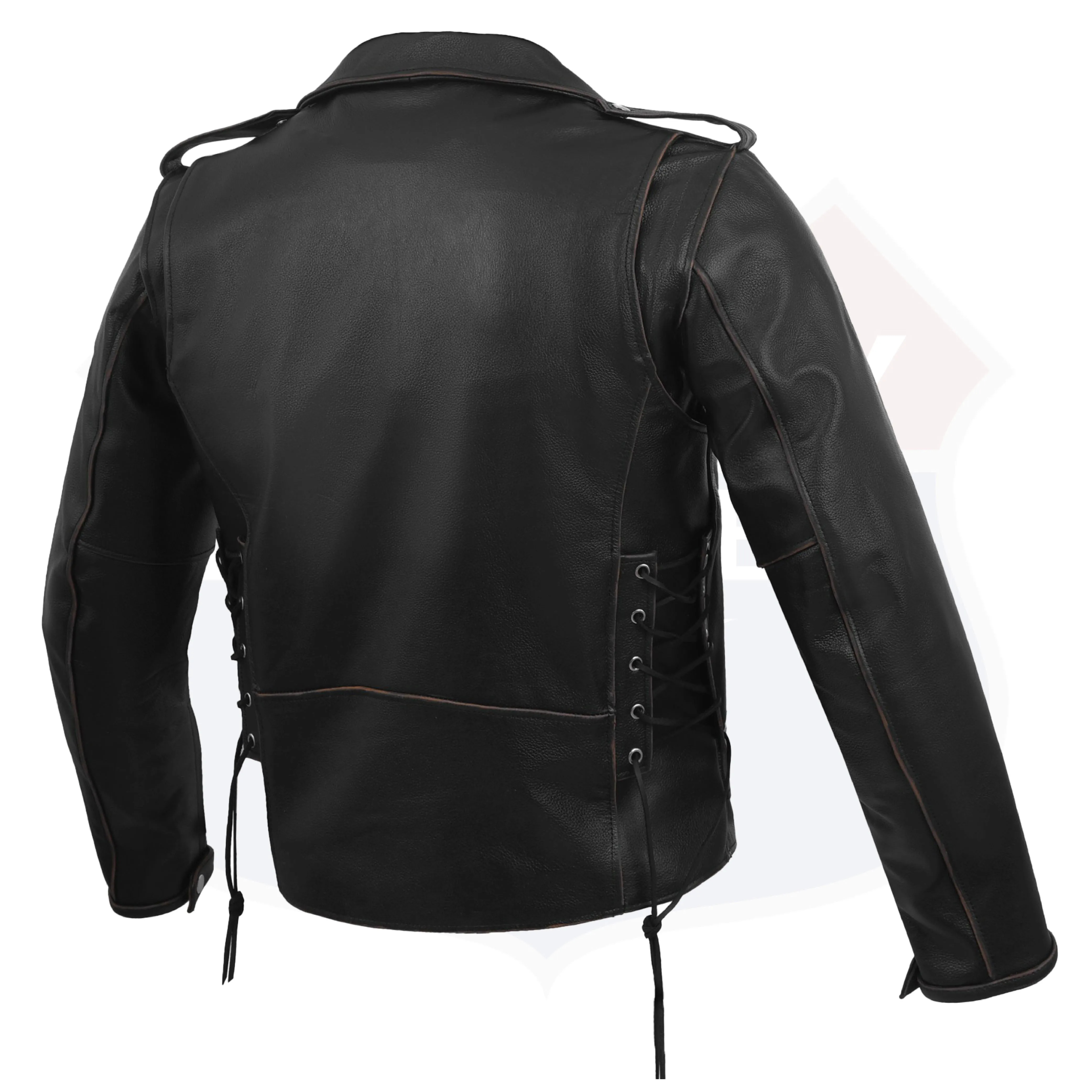 HL10205-Rub Buff Brown Old School Police Style Motorcycle Leather Brown Jacket