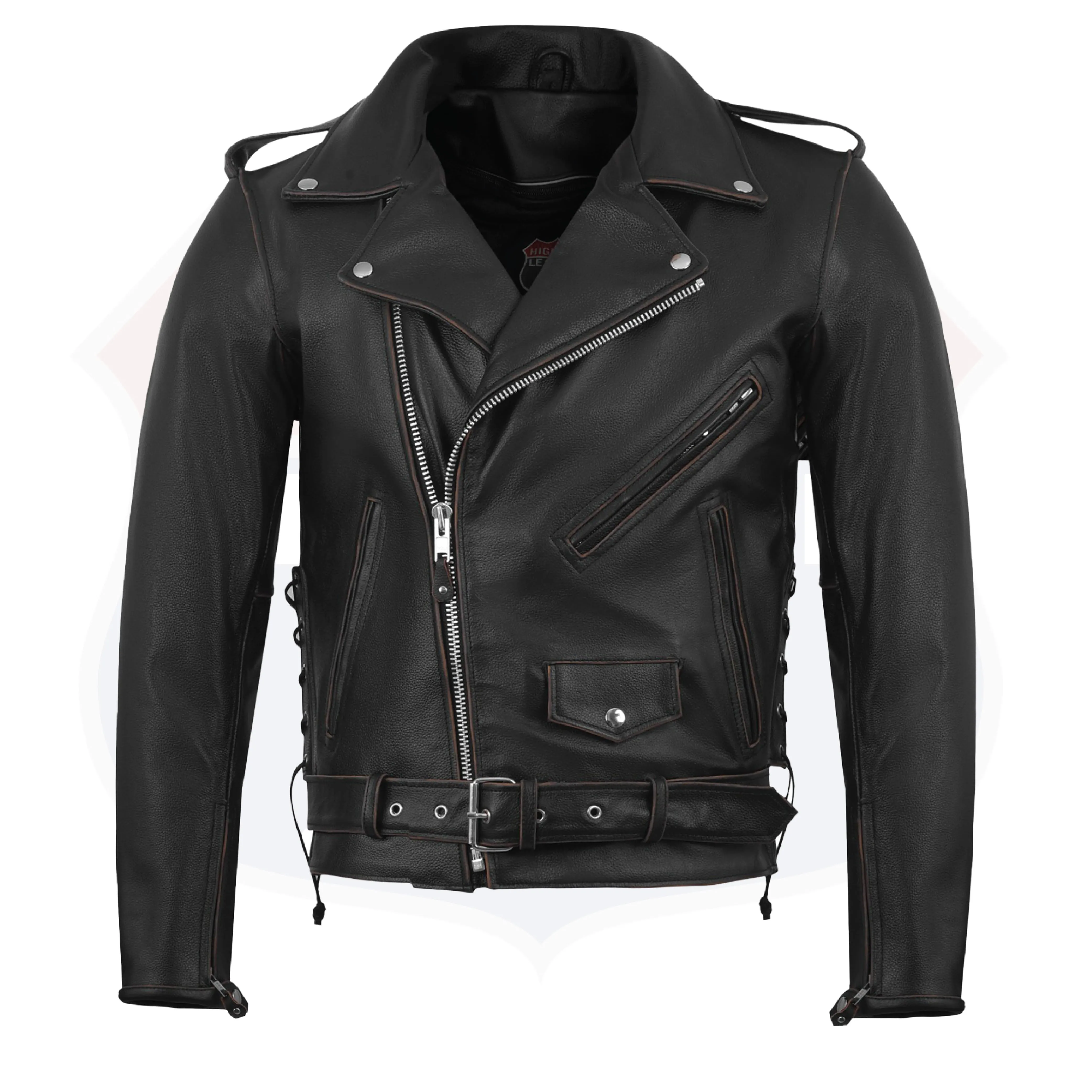 HL10205-Rub Buff Brown Old School Police Style Motorcycle Leather Brown Jacket