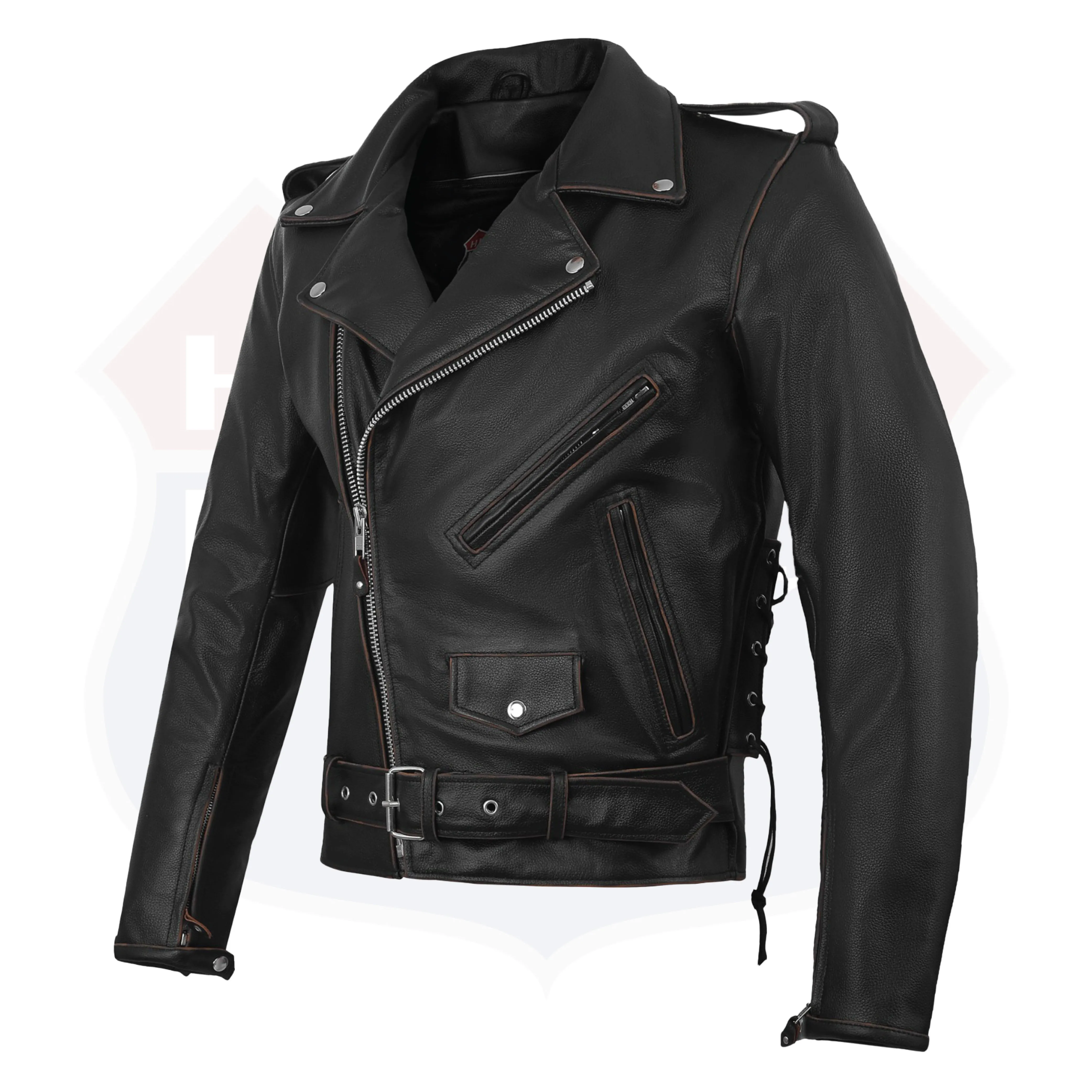 HL10205-Rub Buff Brown Old School Police Style Motorcycle Leather Brown Jacket