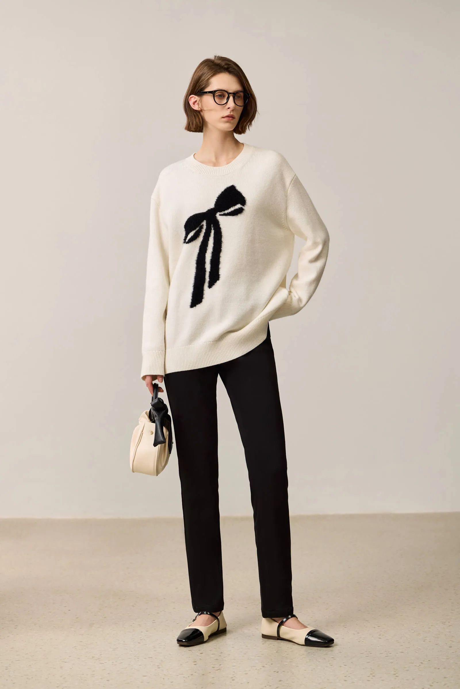 LILY Soft Color-Block Fleece-Like Bow Sweater