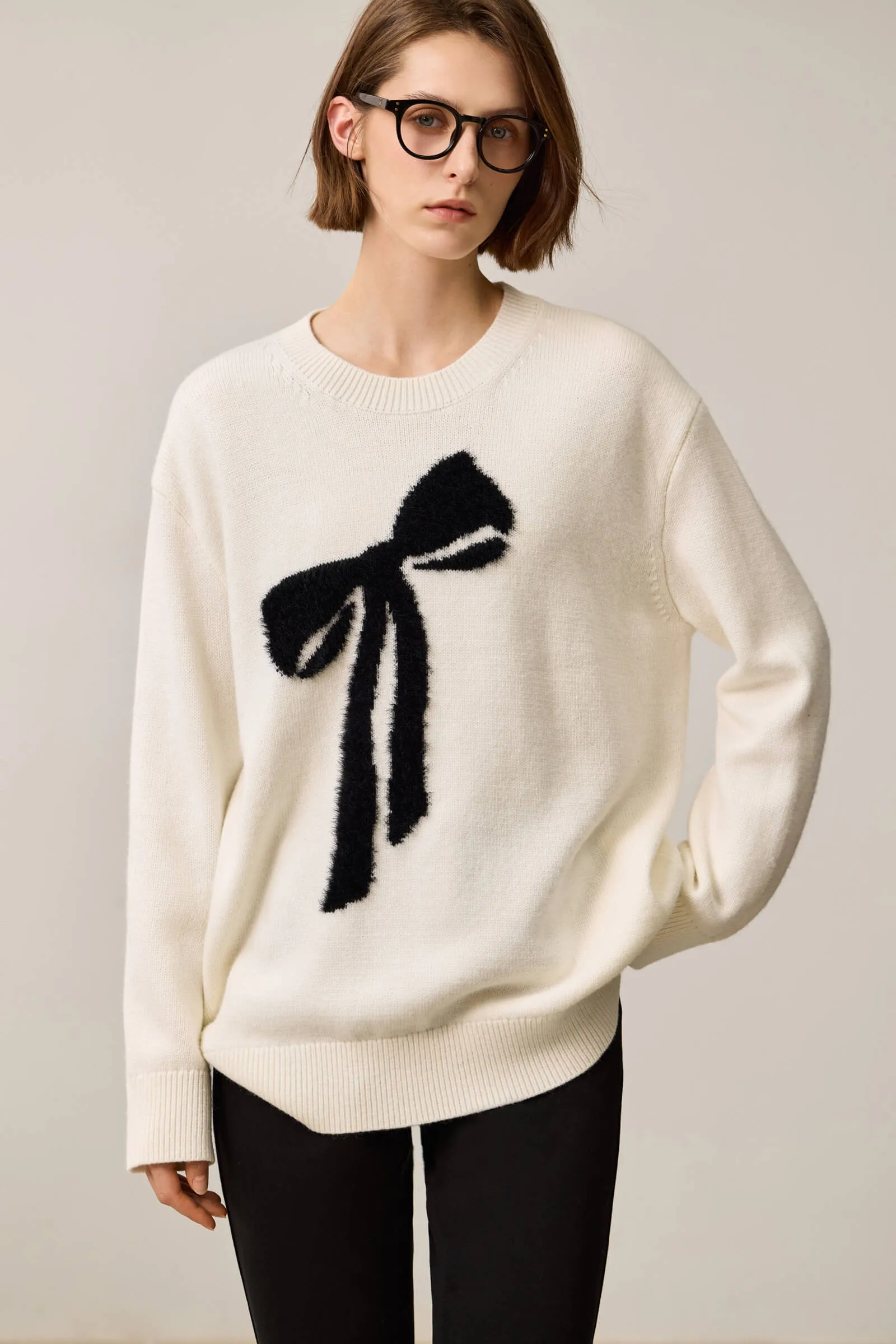 LILY Soft Color-Block Fleece-Like Bow Sweater