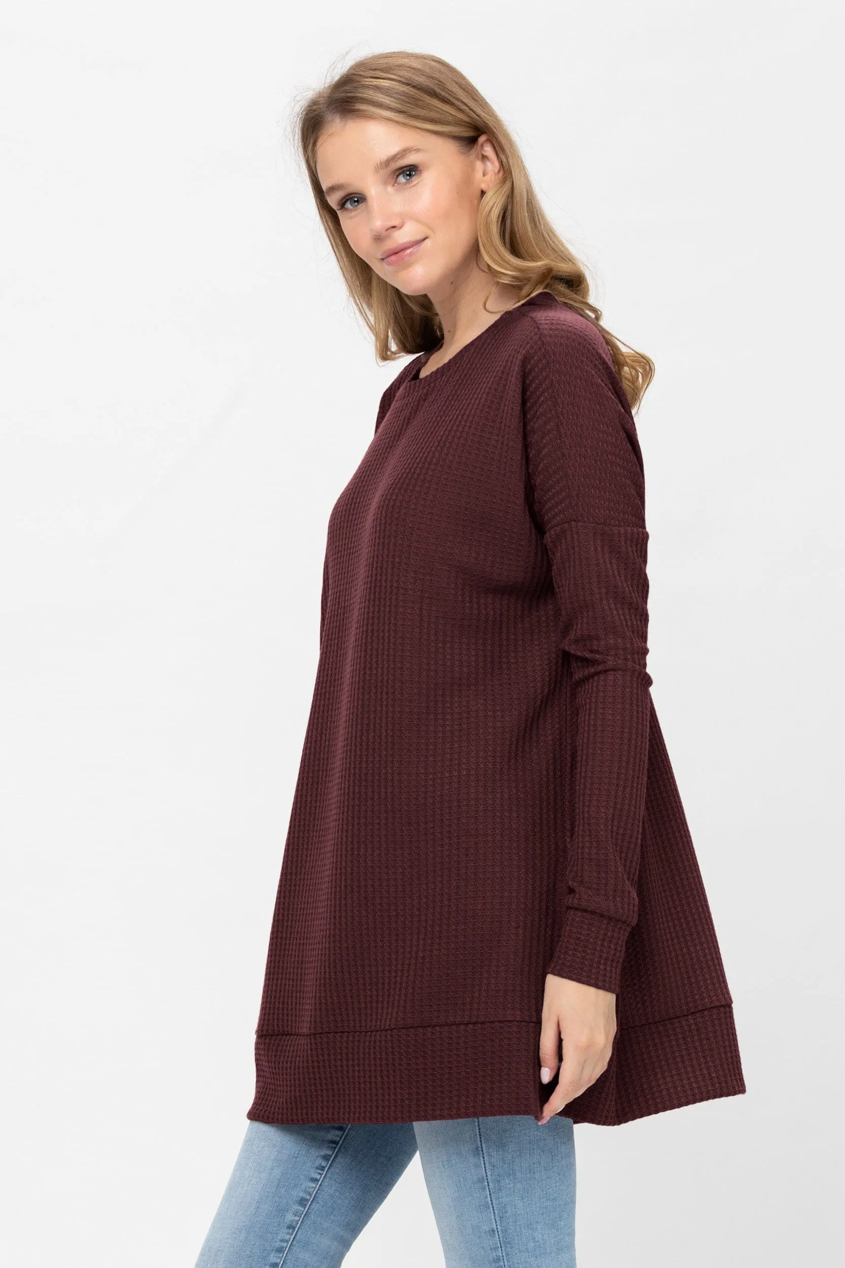 Long Sleeve Waffle Knit Sweater Round Neck Solid Color Pullover Dress Tops