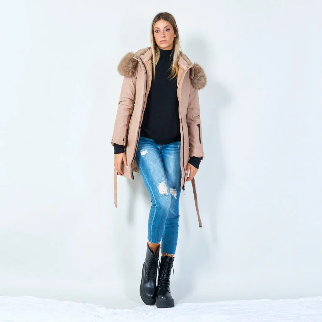 Luxe faux fur-trimmed parka with zipper details wholesale