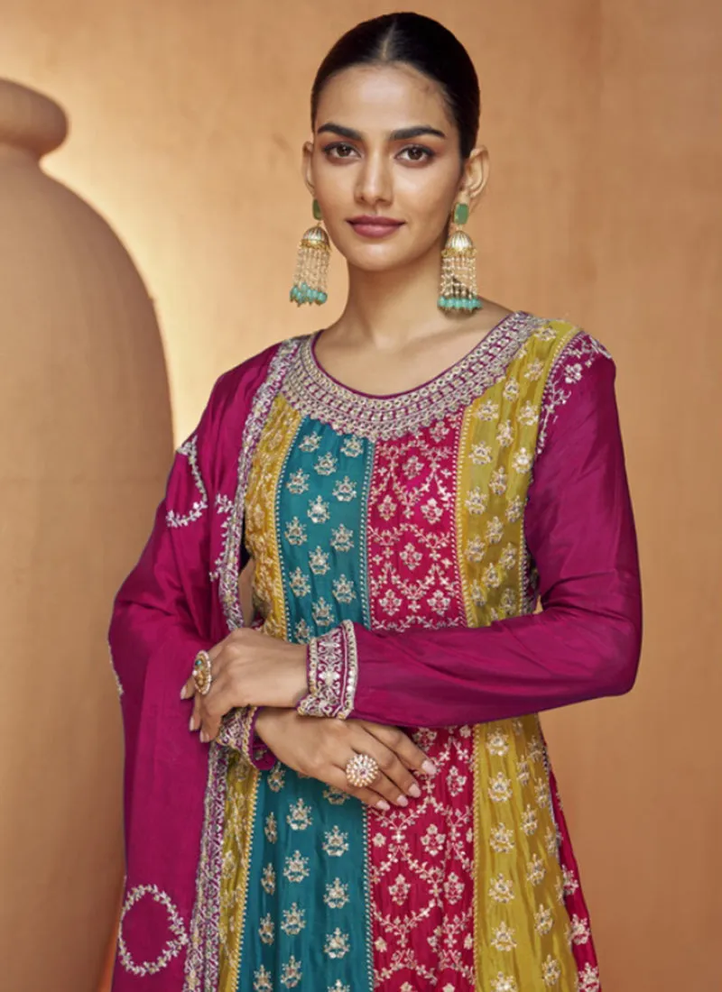 Magenta Multi Sequence Embroidery Anarkali Palazzo Suit