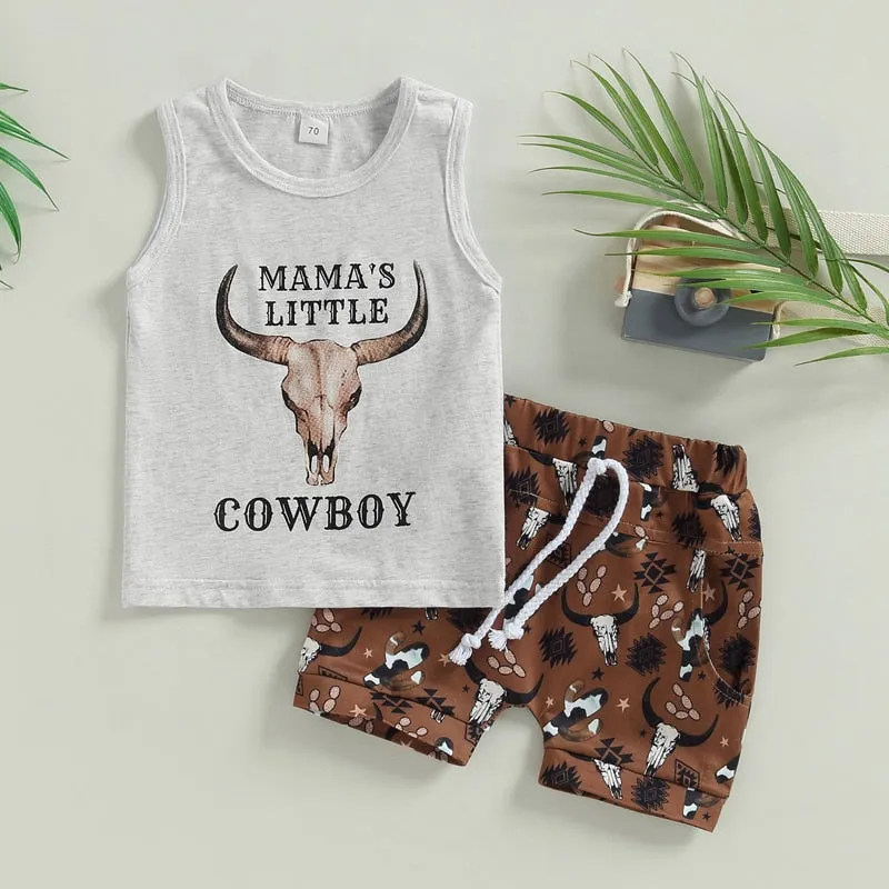 Mamas Little Cowboy - Bulls Head , Sleeveless Tank Top  Shorts Casual Sets