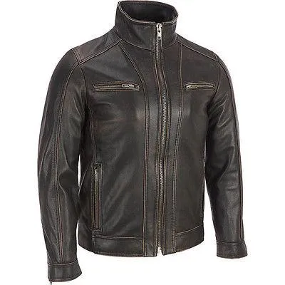 Men's Black Rivet Leather Faded-Seam Jacket Genuine Cowhide Leather