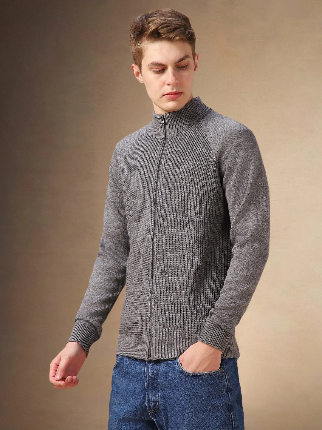 Men's Grey Solid High Neck Full Sleeves Front-Open Sweater