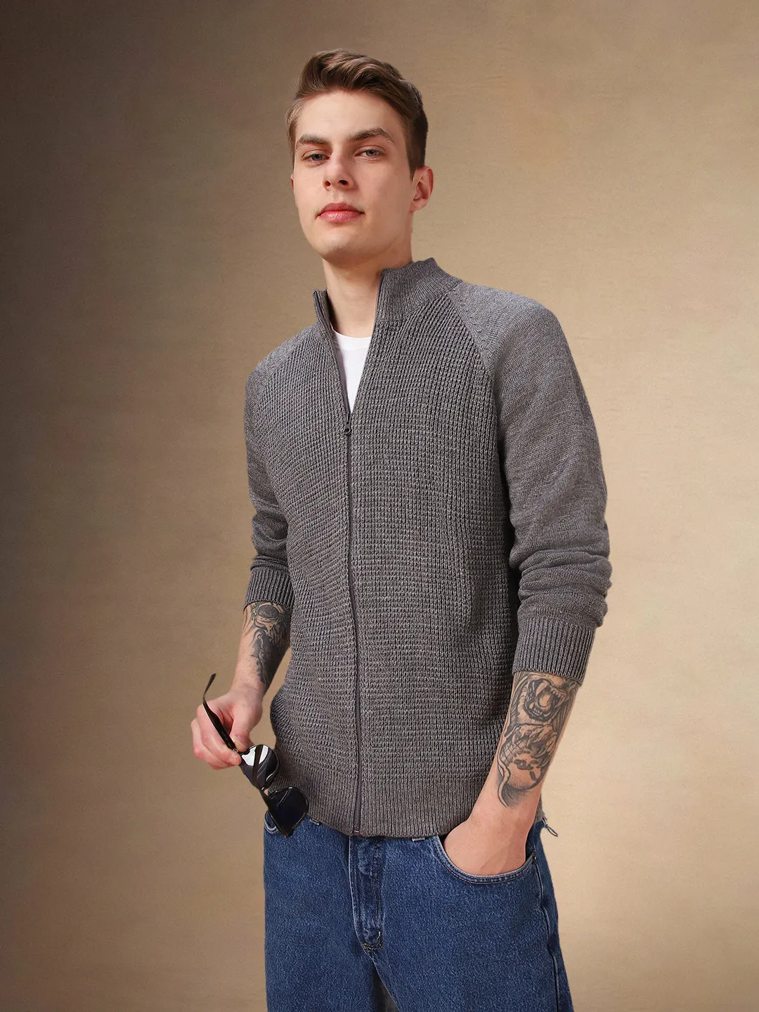 Men's Grey Solid High Neck Full Sleeves Front-Open Sweater