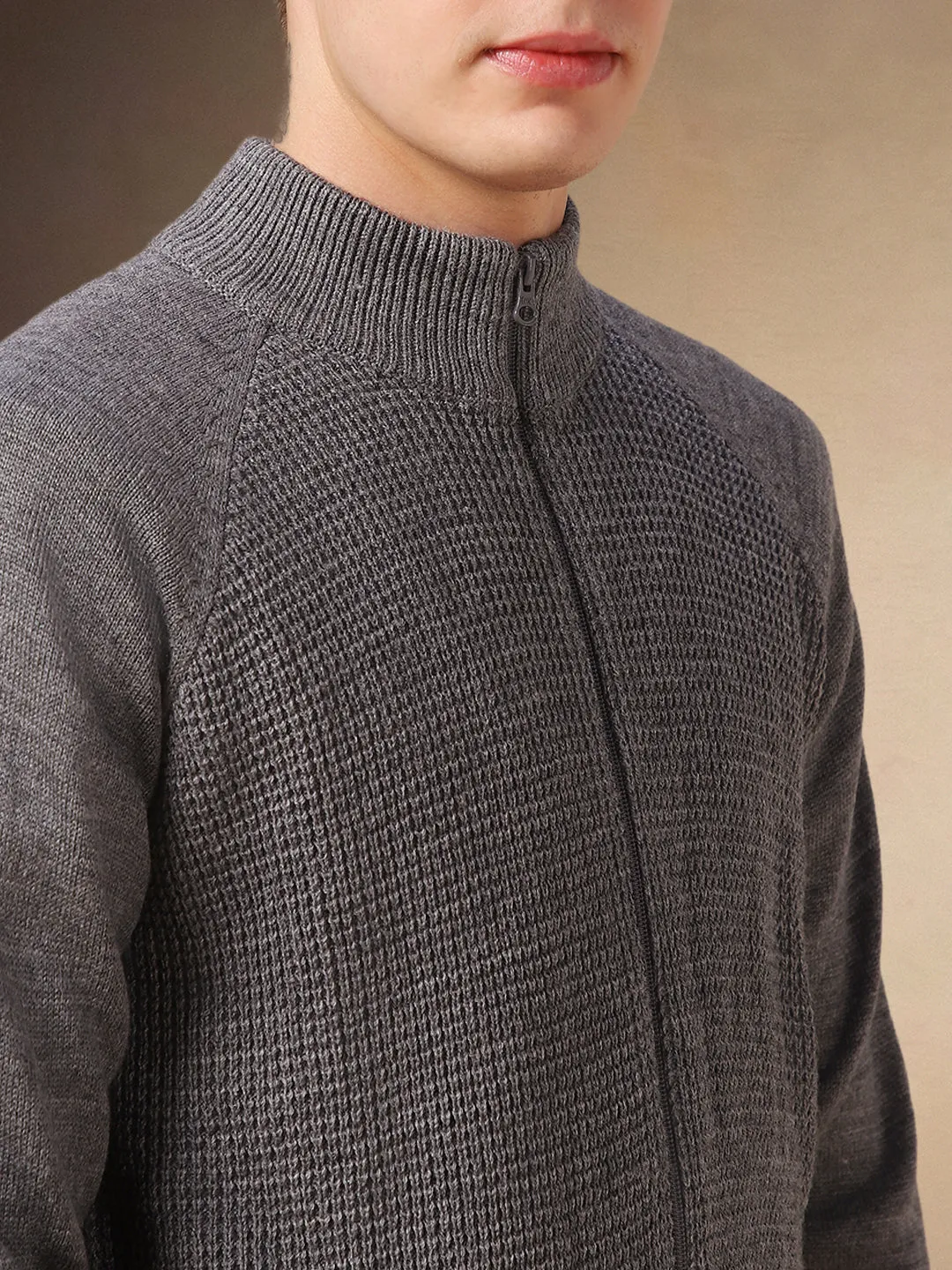 Men's Grey Solid High Neck Full Sleeves Front-Open Sweater