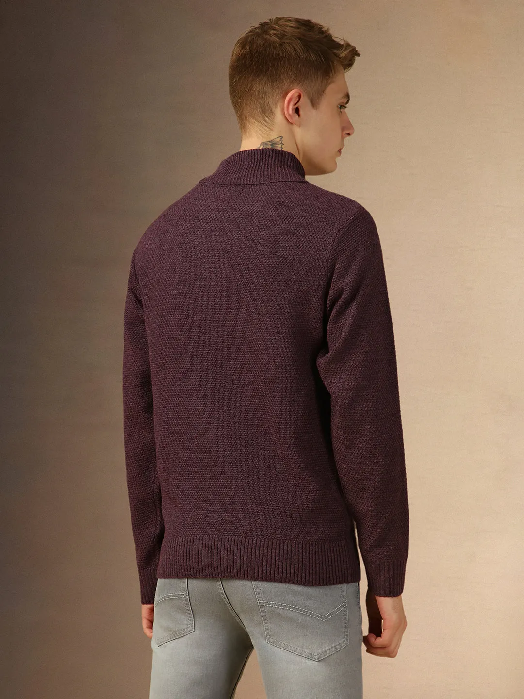 Men's Plum Turtle Neck Full Sleeves Slim Fit Pullover Sweater