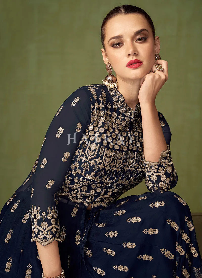 Navy Blue Georgette Embroidered Anarkali Suit