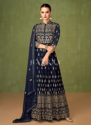 Navy Blue Georgette Embroidered Anarkali Suit