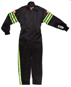 RaceQuip One Piece Single Layer Fire Suit - Black w/Green Stripes - Kids 2XL - 1950797