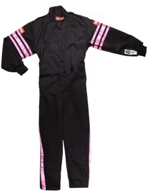 RaceQuip One Piece Single Layer Fire Suit - Black w/Pink Stripes - Kids XL - 1950896