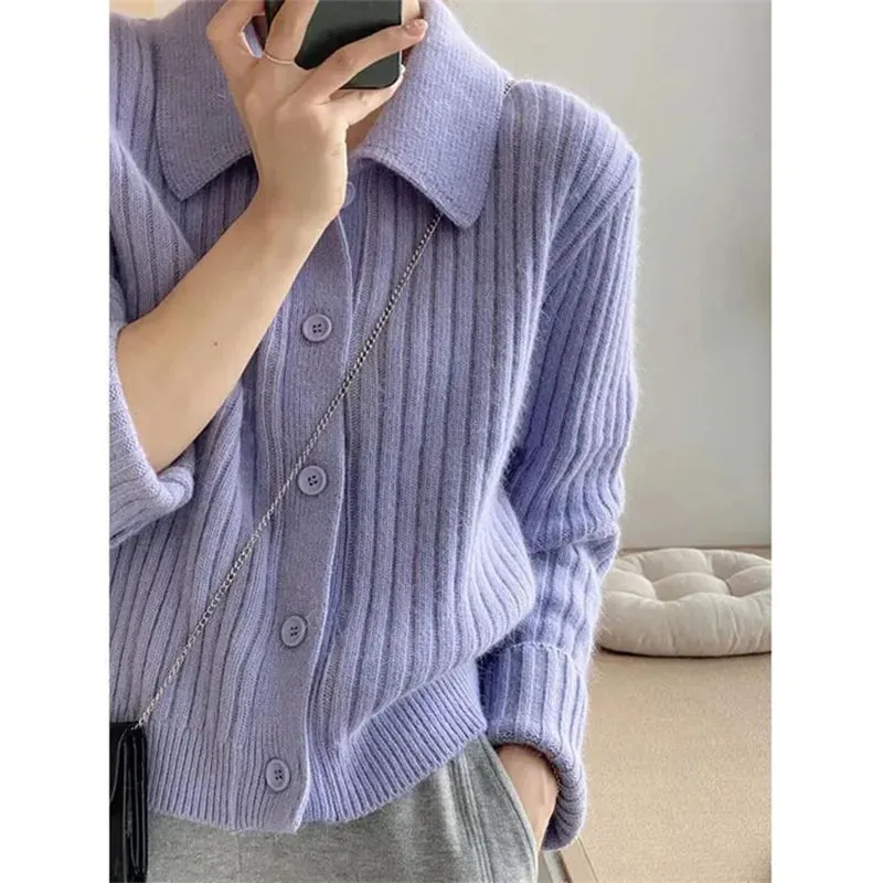 Rimocy Turn Down Knit Cardigan Women Autumn Winter Button Up Solid Color Sweater Coats Woman Long Sleeve Soft Cardigans Ladies