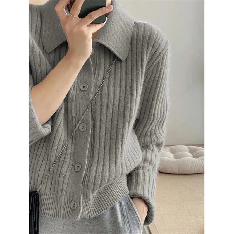 Rimocy Turn Down Knit Cardigan Women Autumn Winter Button Up Solid Color Sweater Coats Woman Long Sleeve Soft Cardigans Ladies