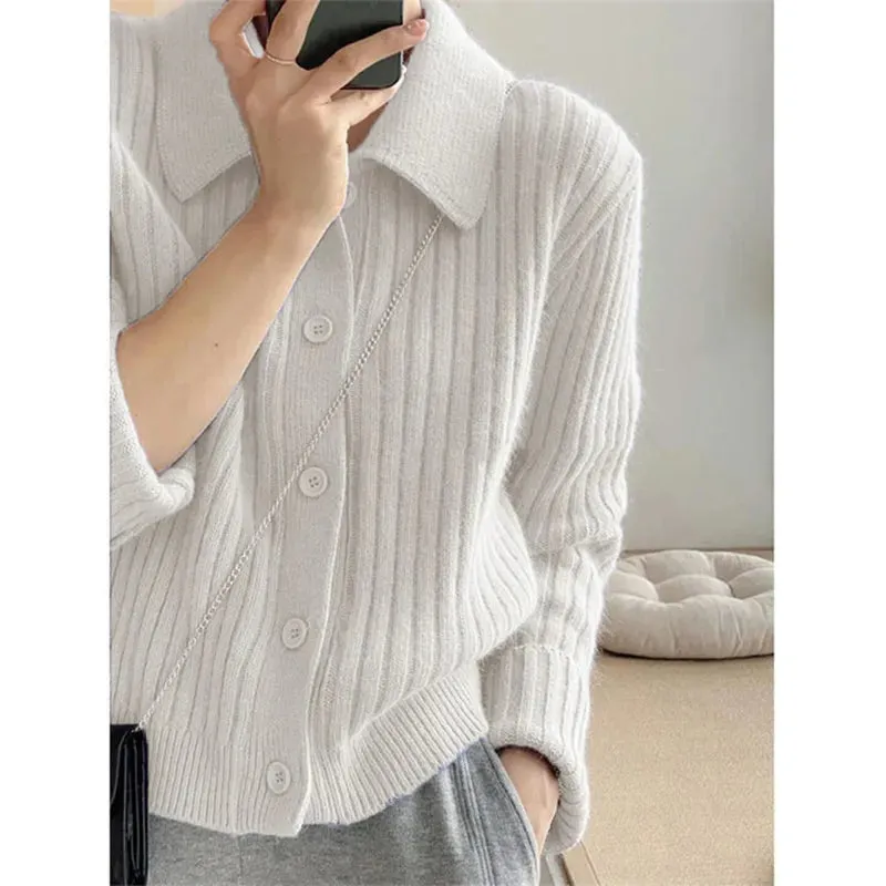 Rimocy Turn Down Knit Cardigan Women Autumn Winter Button Up Solid Color Sweater Coats Woman Long Sleeve Soft Cardigans Ladies