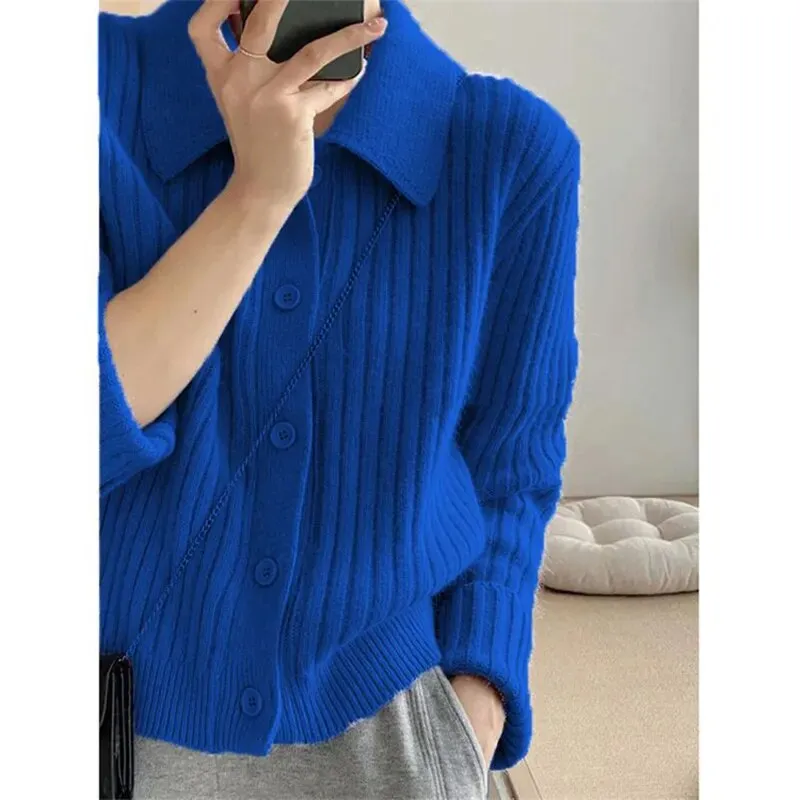 Rimocy Turn Down Knit Cardigan Women Autumn Winter Button Up Solid Color Sweater Coats Woman Long Sleeve Soft Cardigans Ladies