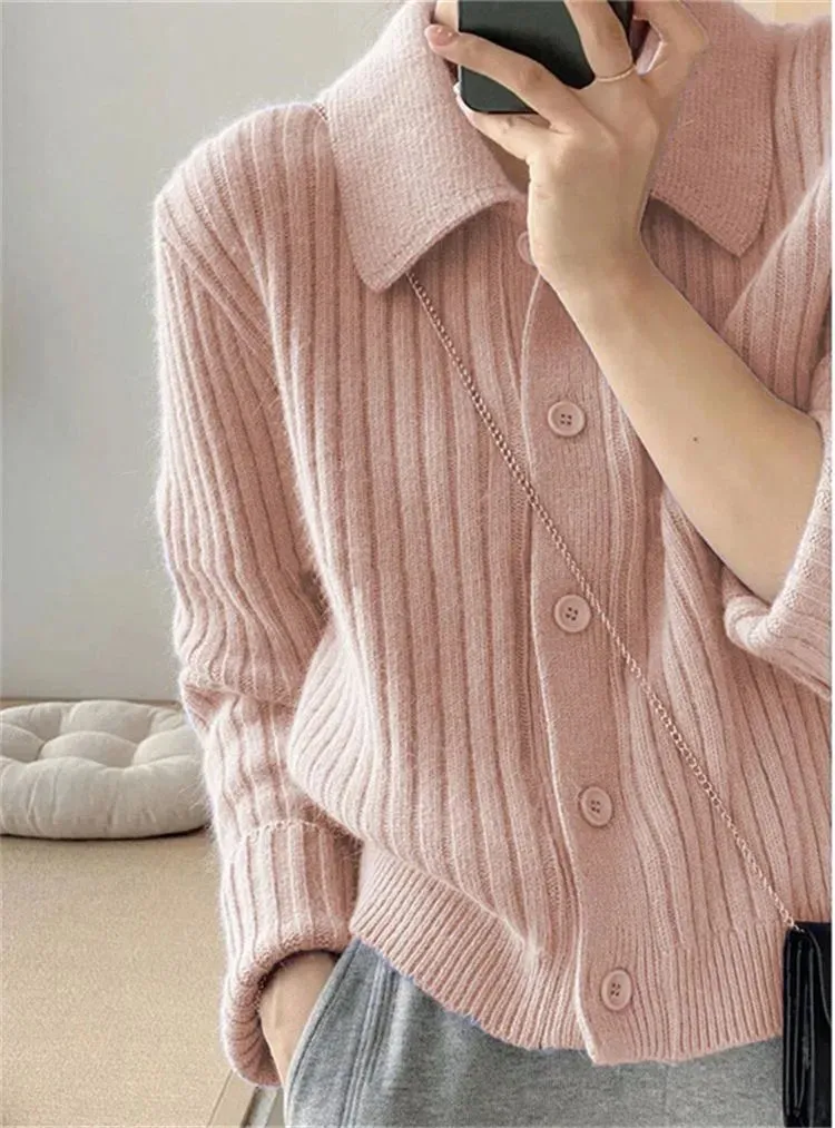 Rimocy Turn Down Knit Cardigan Women Autumn Winter Button Up Solid Color Sweater Coats Woman Long Sleeve Soft Cardigans Ladies