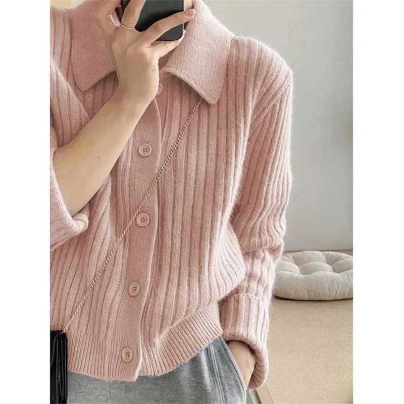 Rimocy Turn Down Knit Cardigan Women Autumn Winter Button Up Solid Color Sweater Coats Woman Long Sleeve Soft Cardigans Ladies