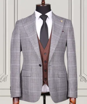 Silver Brown Check Slim Fit Suit