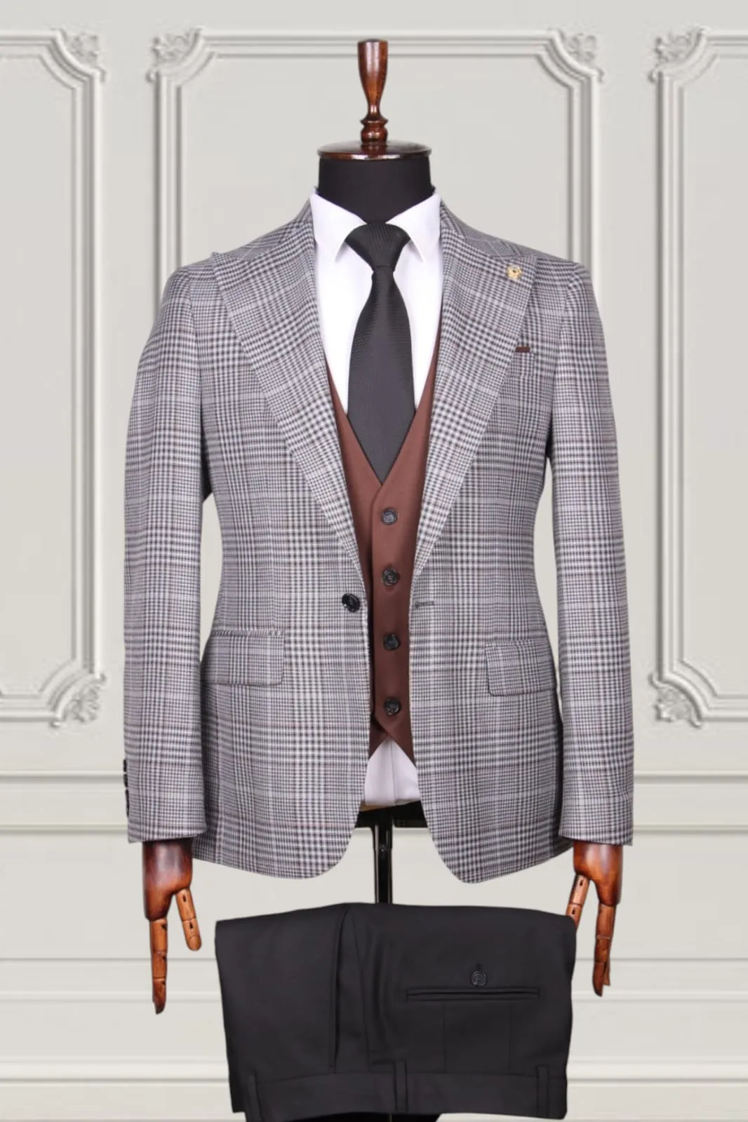 Silver Brown Check Slim Fit Suit