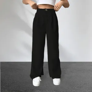 Solid Button High Waist Front Pleated Straight Leg Pants