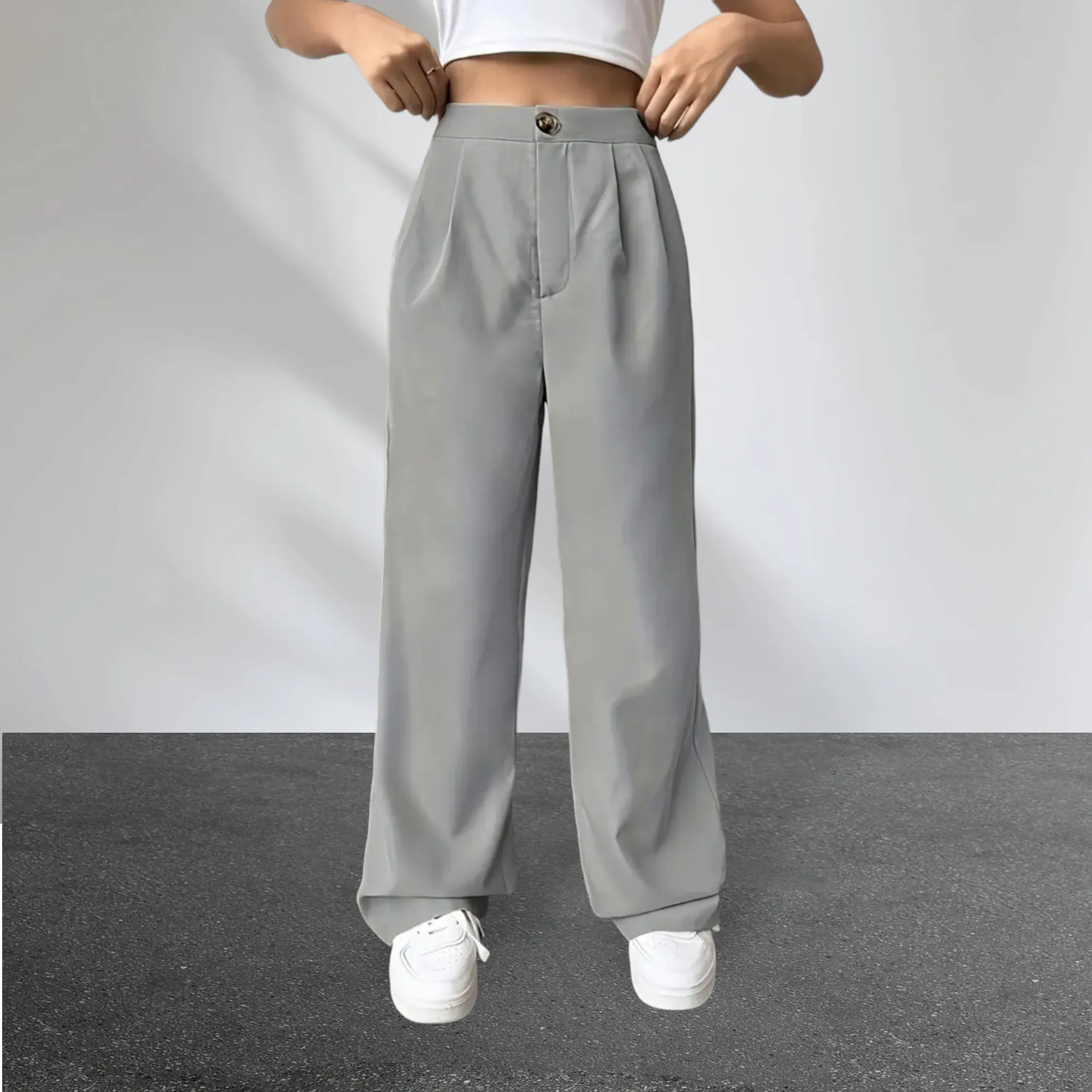 Solid Button High Waist Front Pleated Straight Leg Pants