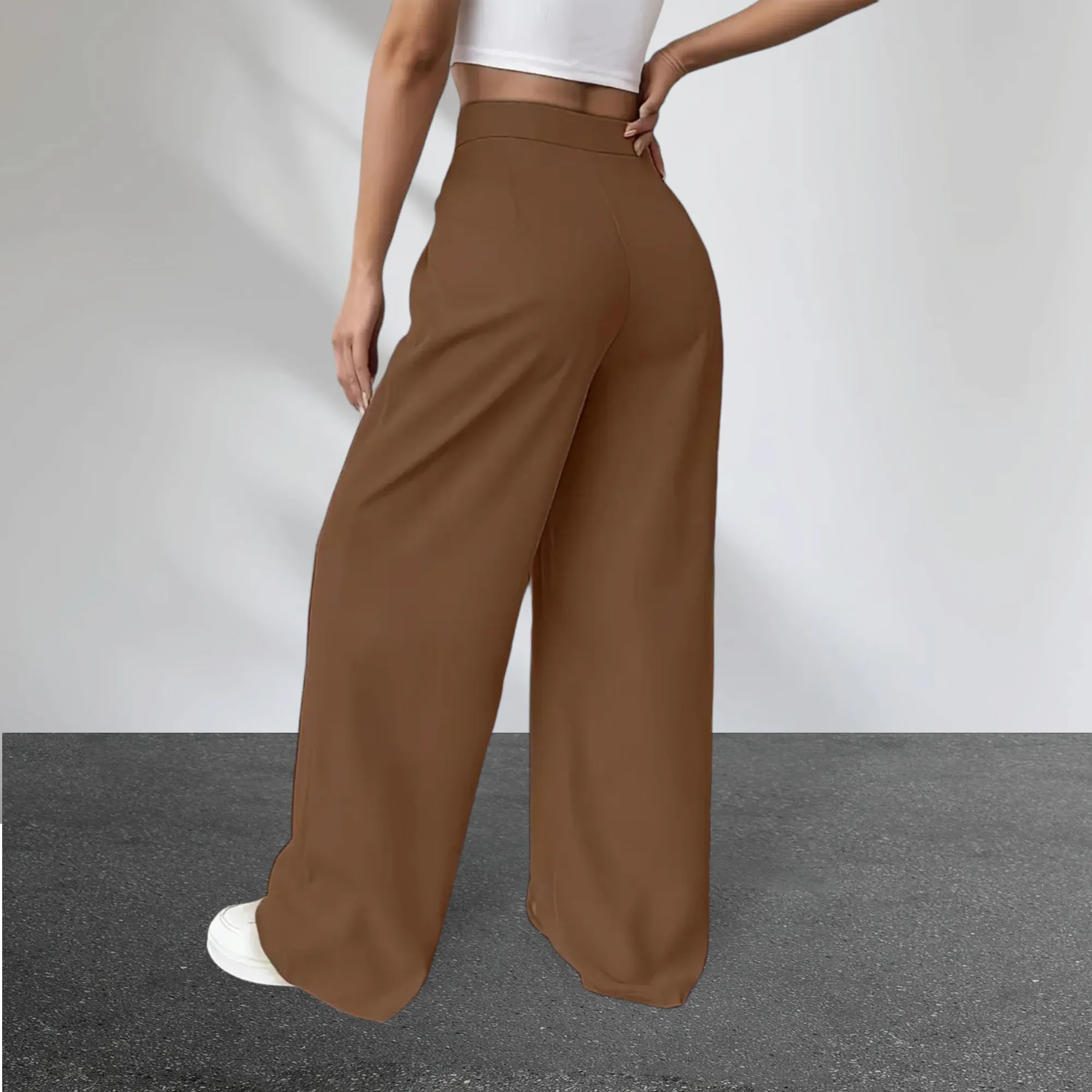 Solid Button High Waist Front Pleated Straight Leg Pants