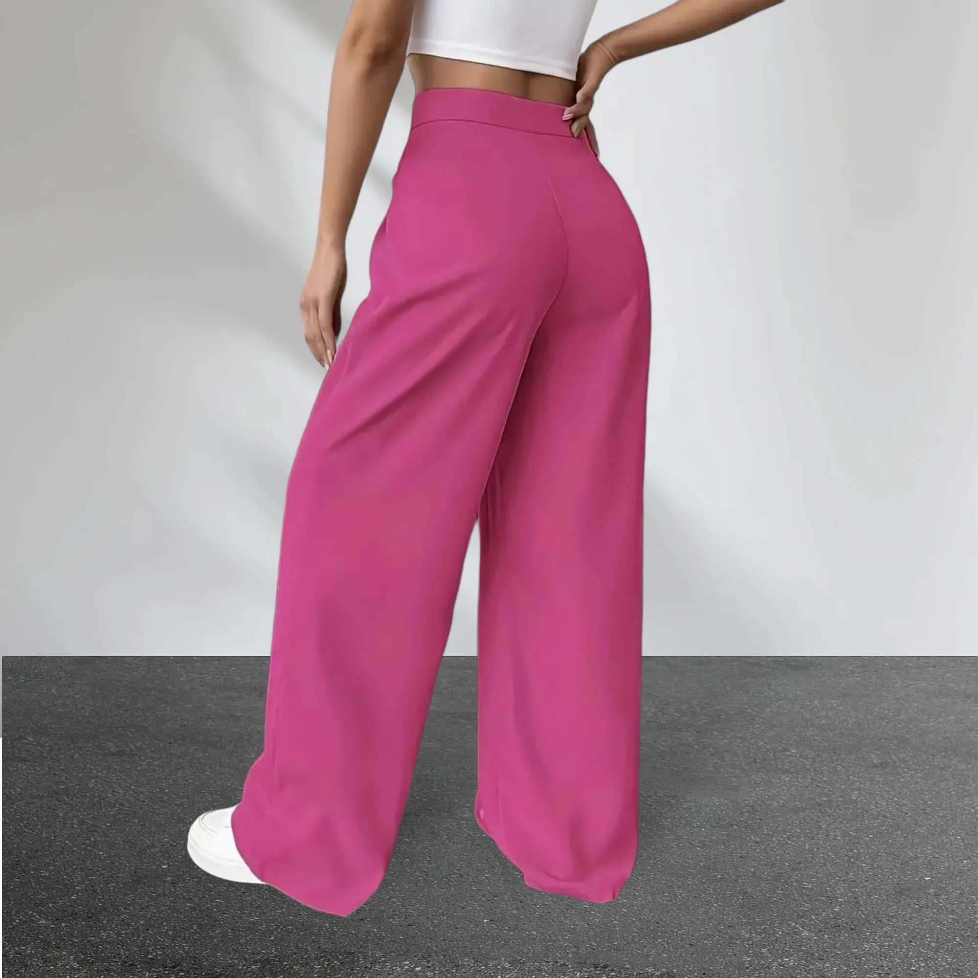 Solid Button High Waist Front Pleated Straight Leg Pants